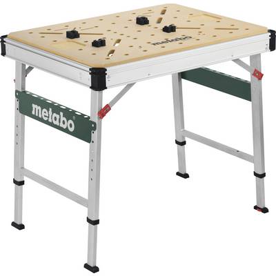Metabo workbench with adjustable legs and wooden surface, suitable for craftwork and projects.