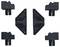 Five black plastic accessory parts with various shapes, symmetrically arranged on a white background.