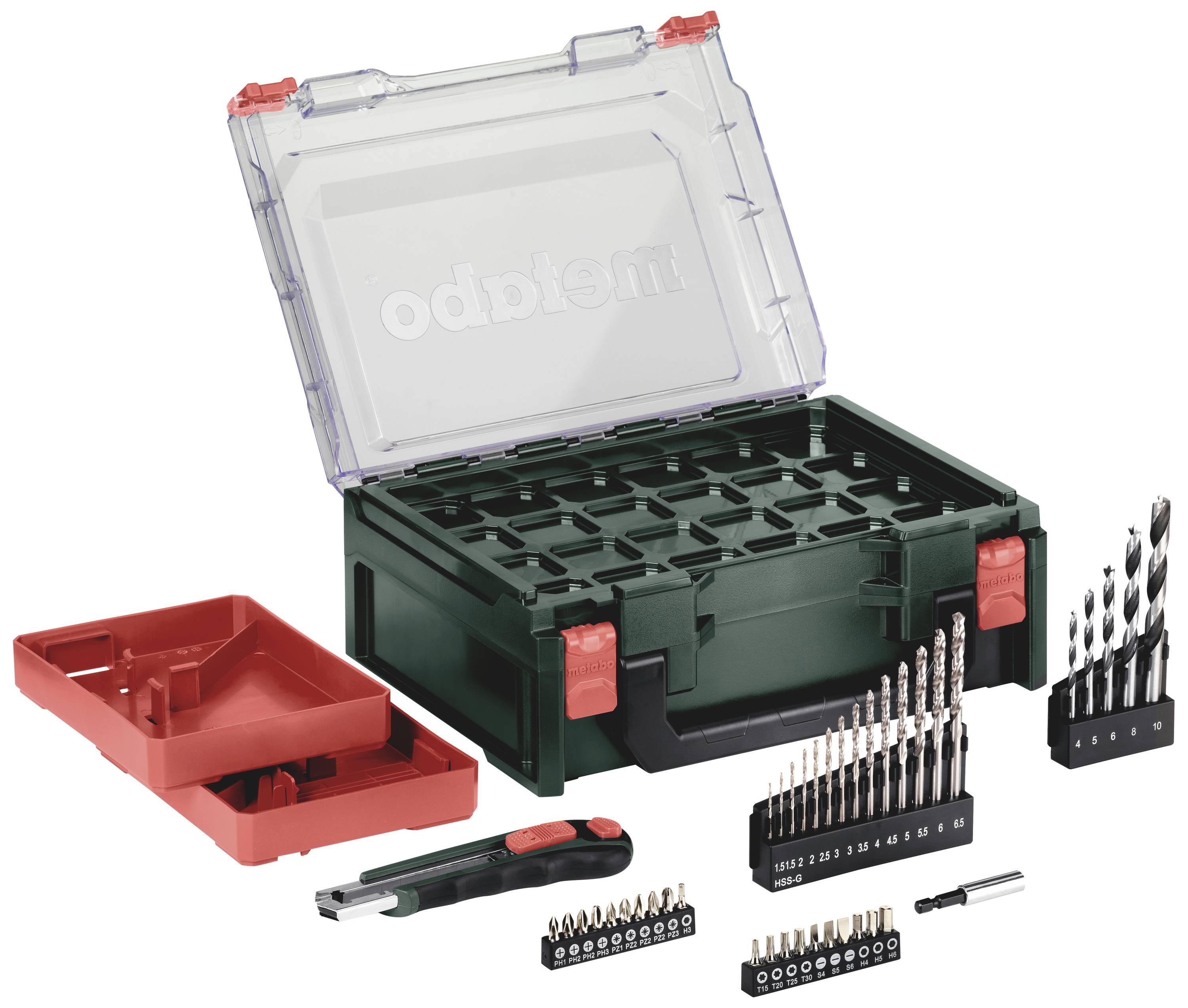 A toolbox with an open lid, filled with drill and screwdriver bits, along with a utility knife and additional inserts.