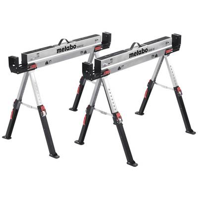 Two robust, folding metal workbenches with 'metabo' printed on them, suitable for construction or assembly work.