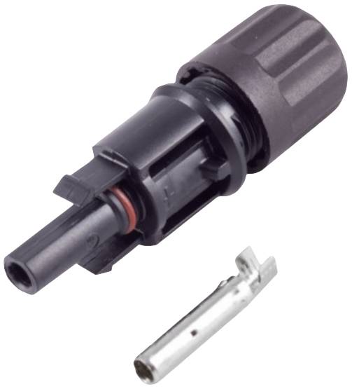'MC4 connector for connecting solar modules; contains a male end and a contact pin. Suitable for outdoor use.'