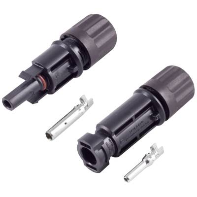 Two black connectors, one with a red sealing ring, each with a metallic contact piece beside it. They are used for electrical connections.