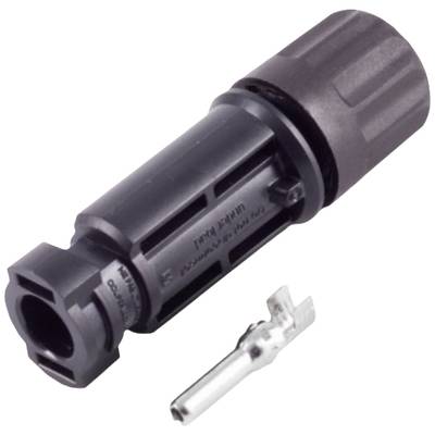 Electrical connector system, consisting of a black plastic housing and a metal contact in the foreground.