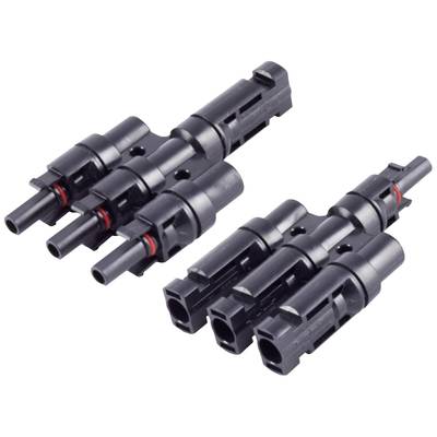 Two black solar cable connectors, suitable for photovoltaic systems for electrical connection of solar modules.