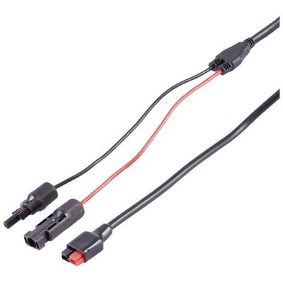 A solar cable with two black PV connectors and a red inline branch adapter, isolated on a white background.