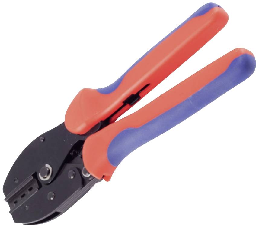 Red and blue crimping pliers with black metal jaws, suitable for cable processing.