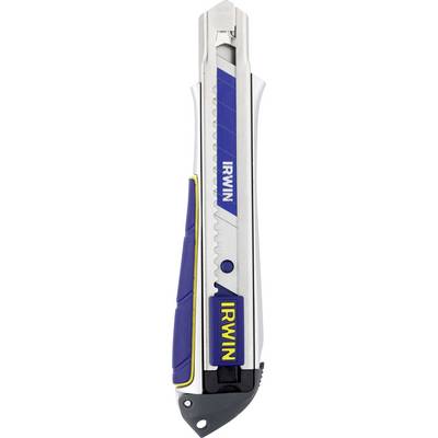 Craft knife with blue and silver handle, yellow accents, and integrated blade holder.
