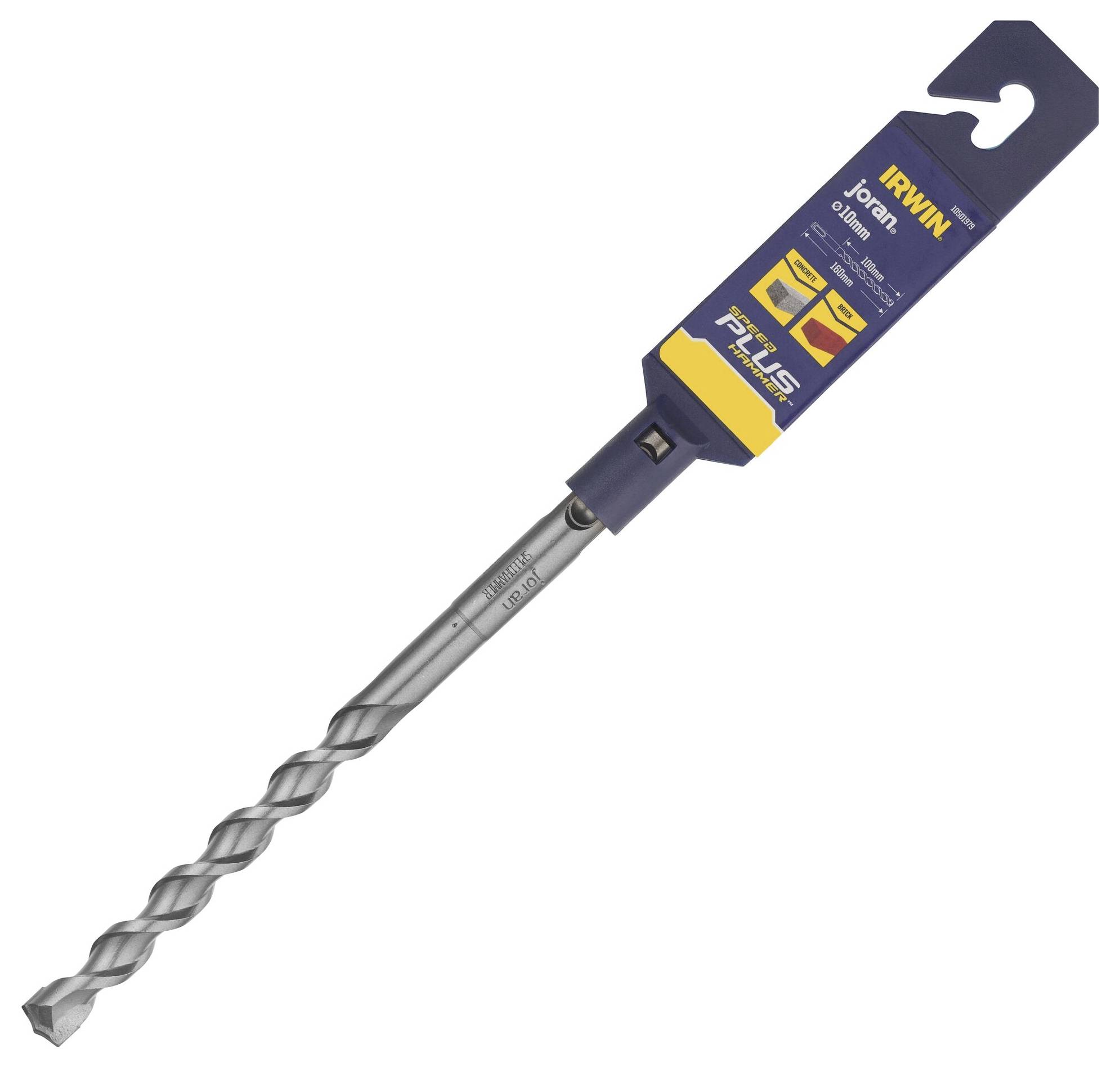An SDS-plus hammer drill by Irwin in packaging, suitable for drilling in concrete and masonry.