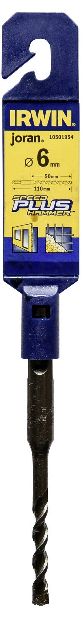 Irwin drill bit, 6 mm size, suitable for concrete, stone and masonry, with SDS plus shank. Packaged with blue and yellow label.