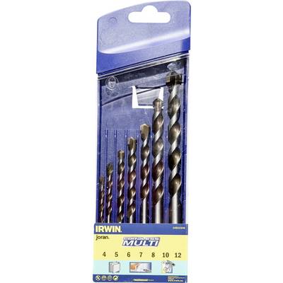 Packaging for a multi-material drill bit set with seven drill bits of varying sizes, ranging from 4 to 12 mm. Brand: Irwin.
