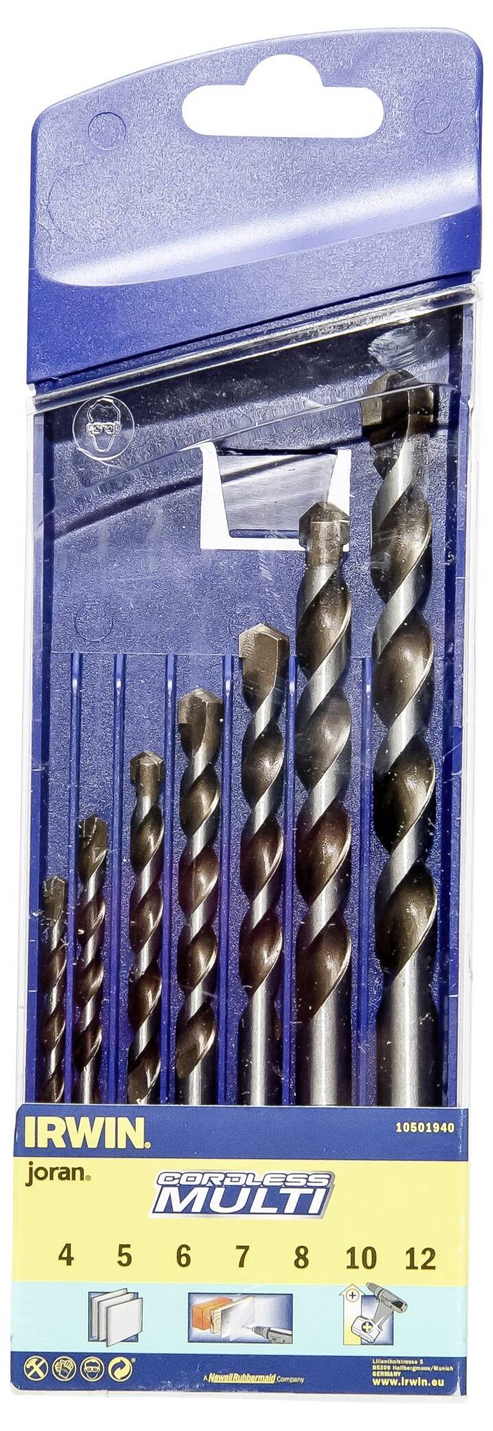 'Pack of seven metal drill bits by IRWIN in various sizes, suitable for wood, stone and metal. Packaging in blue and yellow.'
