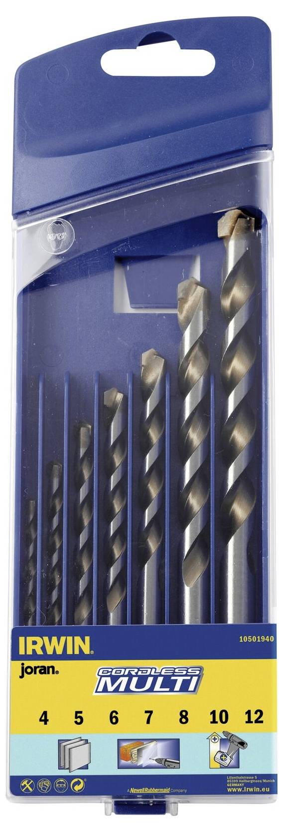 A set of six drill bits in various sizes, packaged in a blue plastic case. Brand: Irwin. Suitable for concrete, wood, and metal.