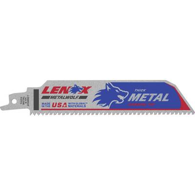 'Saw blade with red LENOX logo, blue wolf head symbol, inscription "THICK METAL", "CARBIDE TIP". Manufactured in the USA.'