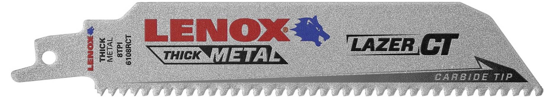 Saw blade with the inscription 'Lenox Thick Metal- Laser CT, Carbide Tip'. It is designed for cutting thick metal.