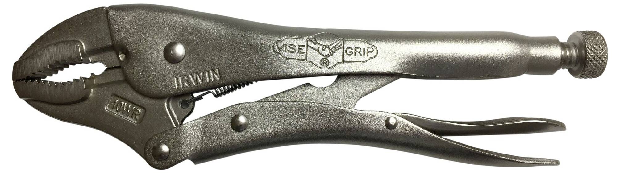 A metal tool, a vice grip (locking pliers), with an adjustable clamping mechanism for securely holding objects.