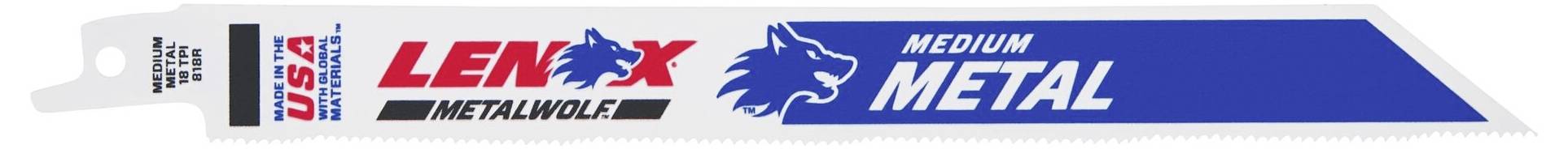 Reciprocating saw blade with 'LENOX' print, 'Medium Metal' specification and wolf logo, suitable for metal cutting.