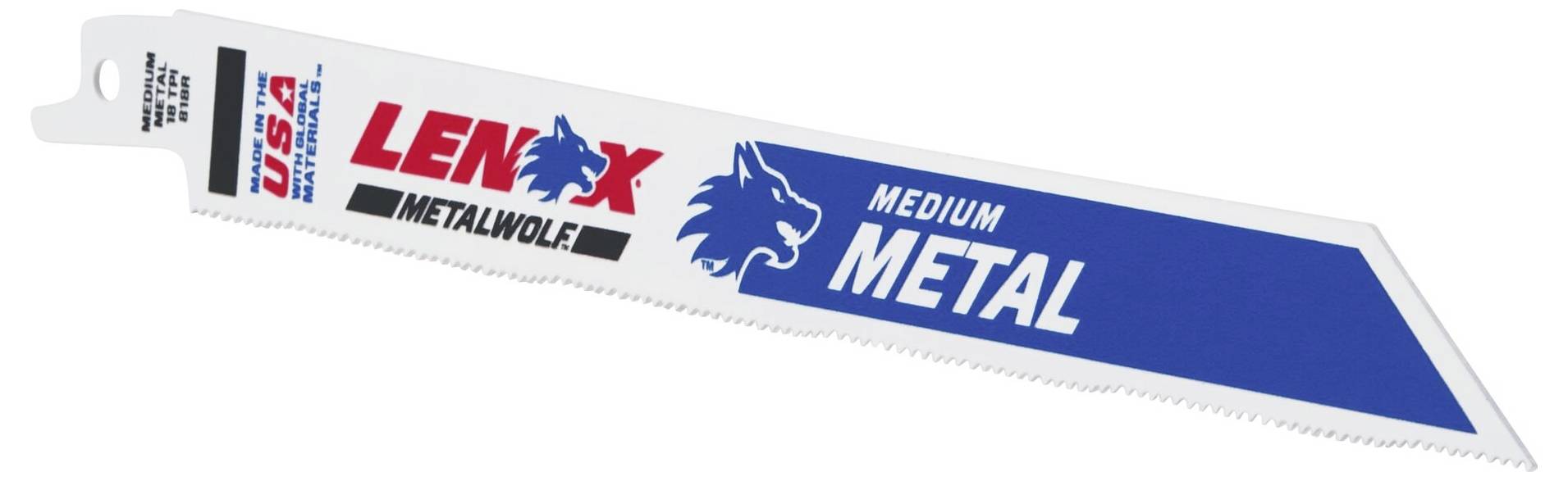 Metal reciprocating saw blade with the inscription 'Lenox Metalwolf Medium Metal' and a wolf logo, suitable for metalworking.