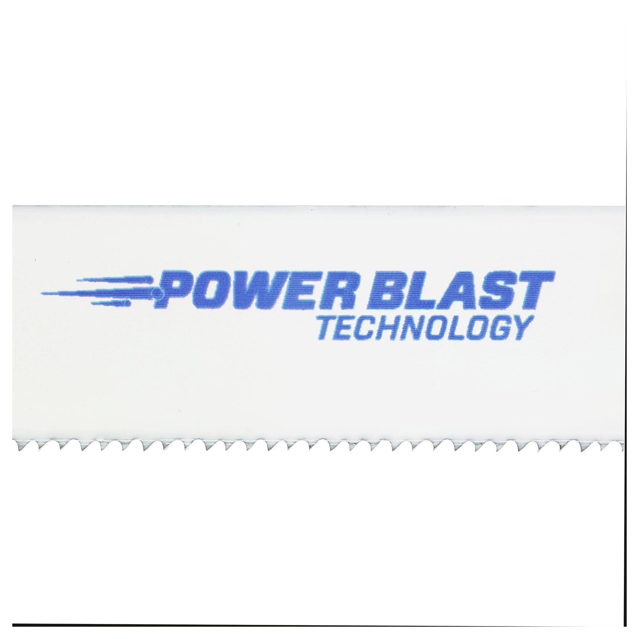 A saw blade with the blue 'POWER BLAST TECHNOLOGY' logo in the centre. The background is white.