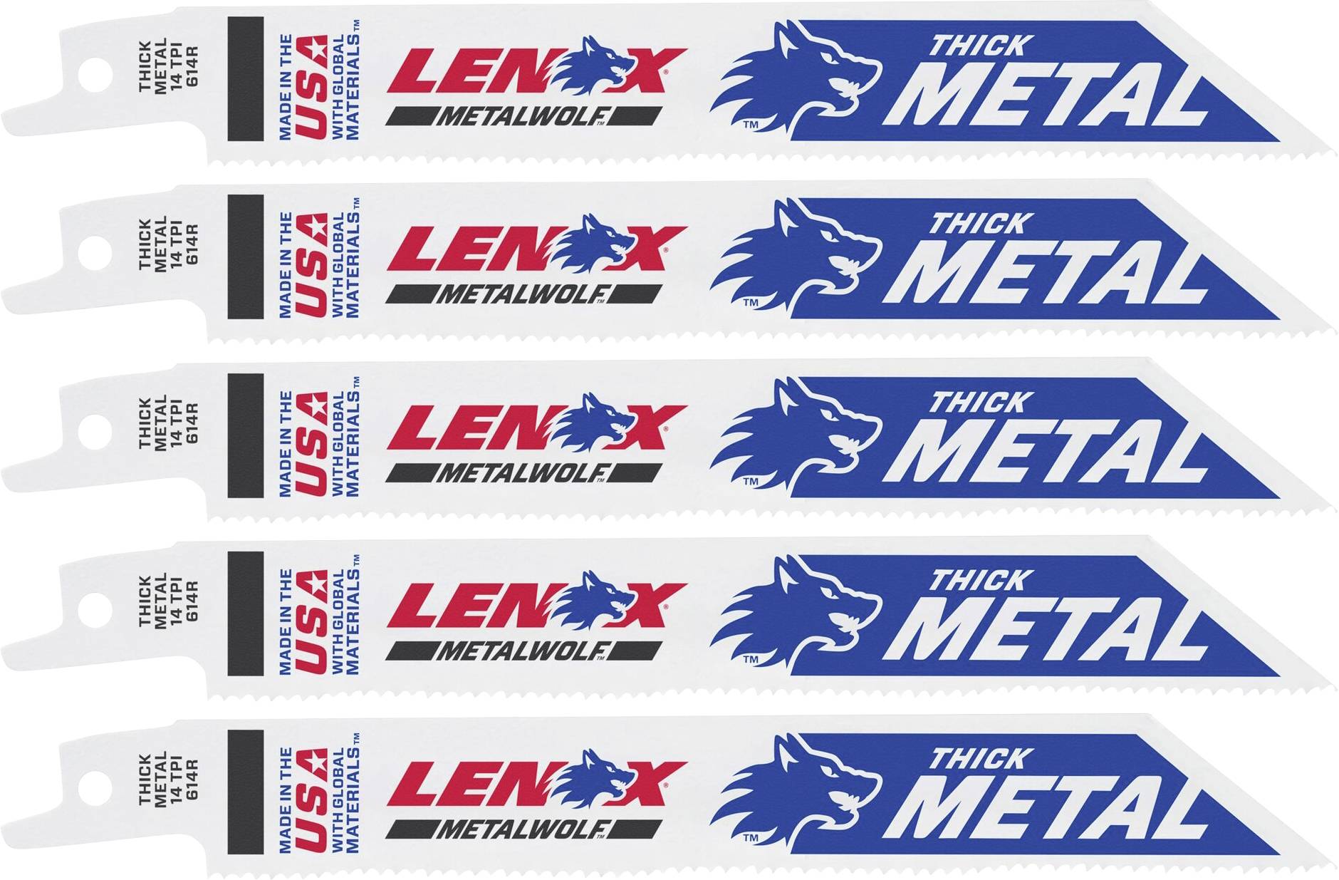 Five metal saw blades in white with blue and red markings from the 'Lenox Metalwolf' brand, suitable for thick metal.