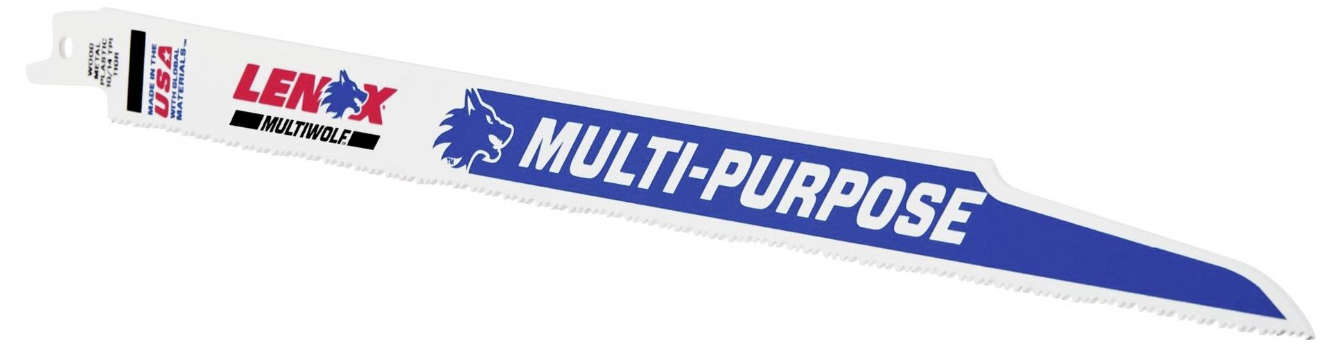 Reciprocating saw blade, Lenox brand, blue and white, inscribed with 'Multi-Purpose', suitable for various materials.