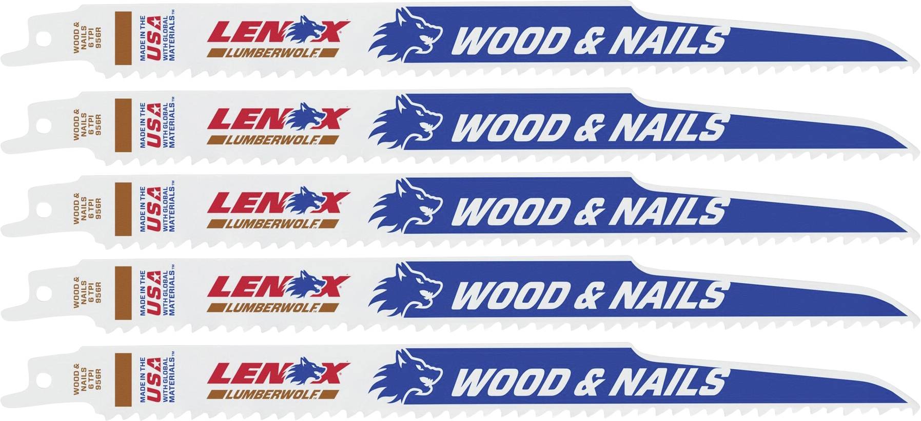 Five blue saw blades with the inscription 'WOOD & NAILS' and brand logo, suitable for wood and nail processing.
