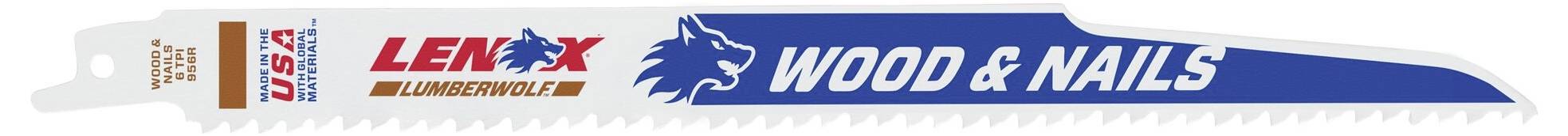 Lenox wood and metal cutting reciprocating saw blade, white and blue in colour, designed for cutting wood and nails.