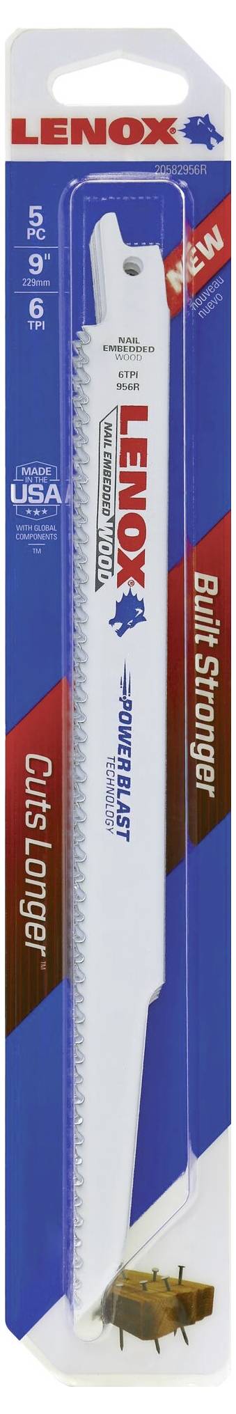 A LENOX reciprocating saw blade in its original packaging. The blade is sturdy and suitable for use in construction work.