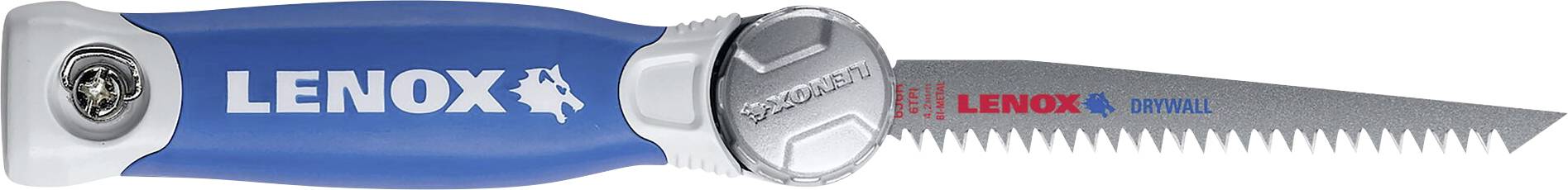 Hacksaw with a blue handle and 'LENOX' printed on it. Saw blade is toothed, suitable for metalworking.