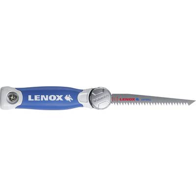 Hacksaw with a blue handle and 'LENOX' printed on it. Saw blade is toothed, suitable for metalworking.