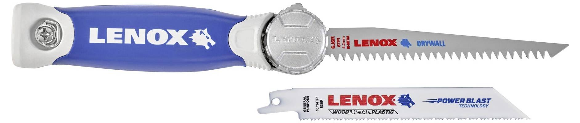 A blue Lenox handsaw with an interchangeable blade. The blade shows sharp teeth, suitable for plasterboard work.