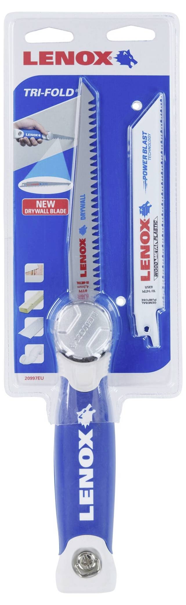 Packaging for a Lenox Tri-Fold Pocket Knife with interchangeable blades. Blister pack displays saw and knife options.
