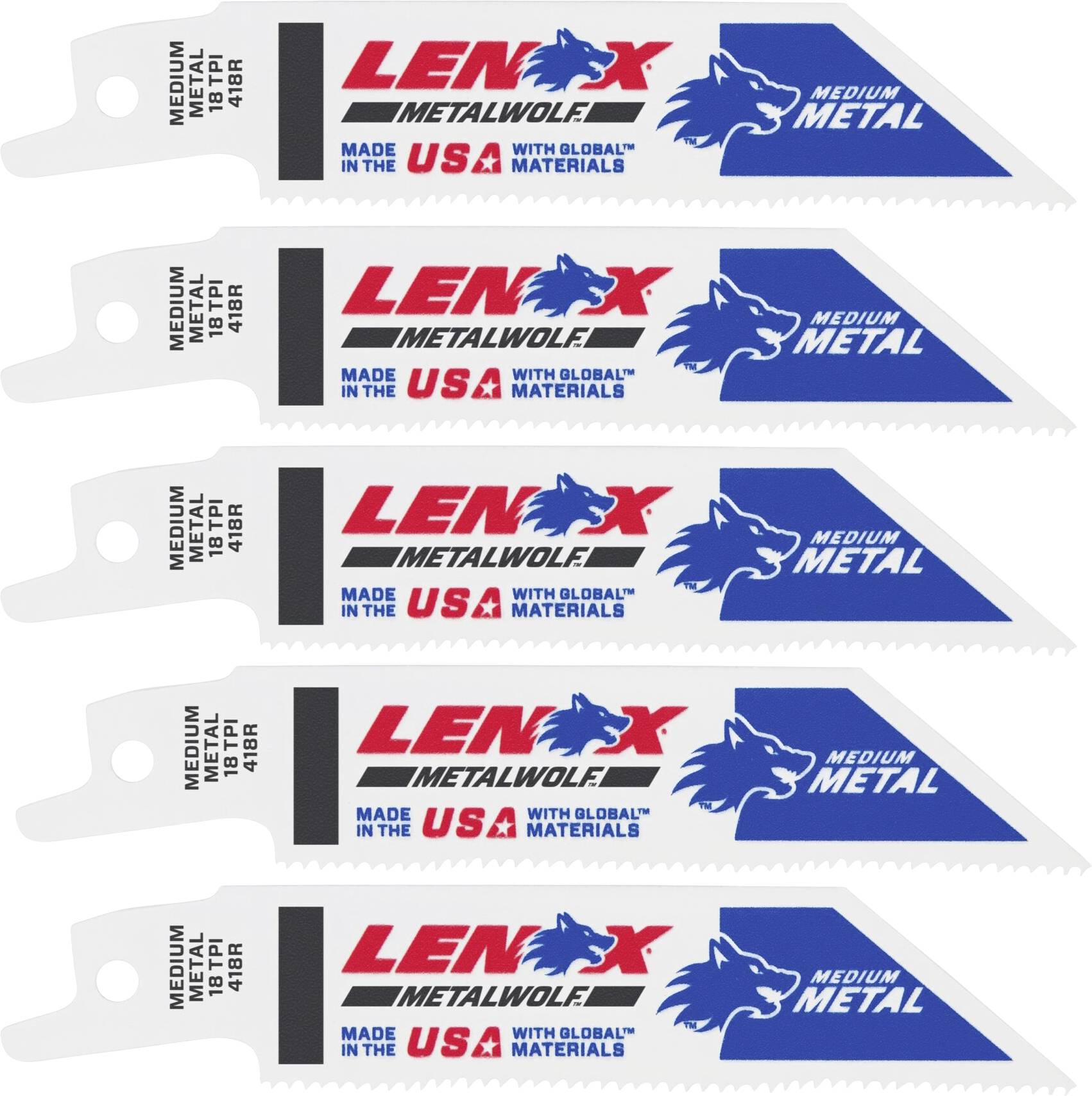 Five metal saw blades from the 'Lenox Metalwolf' brand, for medium metal cutting, manufactured in the USA with global materials.