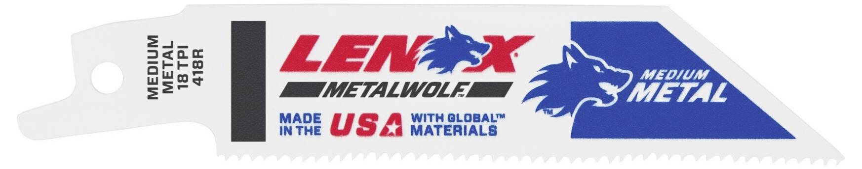 Saw blade with the inscription 'LENX METALWOLF'. Print features a wolf's head. Manufactured in the USA with global materials.
