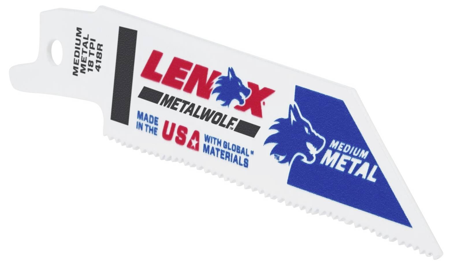 Saw blade with inscription 'LENOX Metalwolf Medium Metal'. Manufactured in the USA. Blue and white packaging with wolf logo.