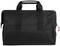 Black fabric bag with two handles and a zip, against a light background.