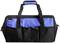 Black and blue tool bag with multiple external pockets and carrying handles. A metal eyelet is attached to the left side.