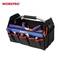 Tool bag with metal handle, filled with various hand tools such as screwdrivers and pliers; 'WORKPRO' brand visible.