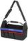 Black tool bag with blue and red accents, multiple pockets, and shoulder strap.