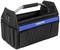 A black tool bag with a metal handle, multiple external pockets and a blue strap featuring the inscription 'WORKPRO'.