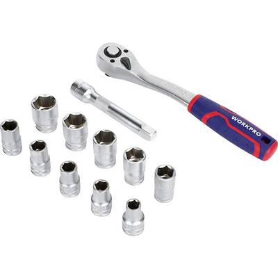 A ratchet spanner set with ten sockets and an extension bar. Primary tool for mechanical repairs.