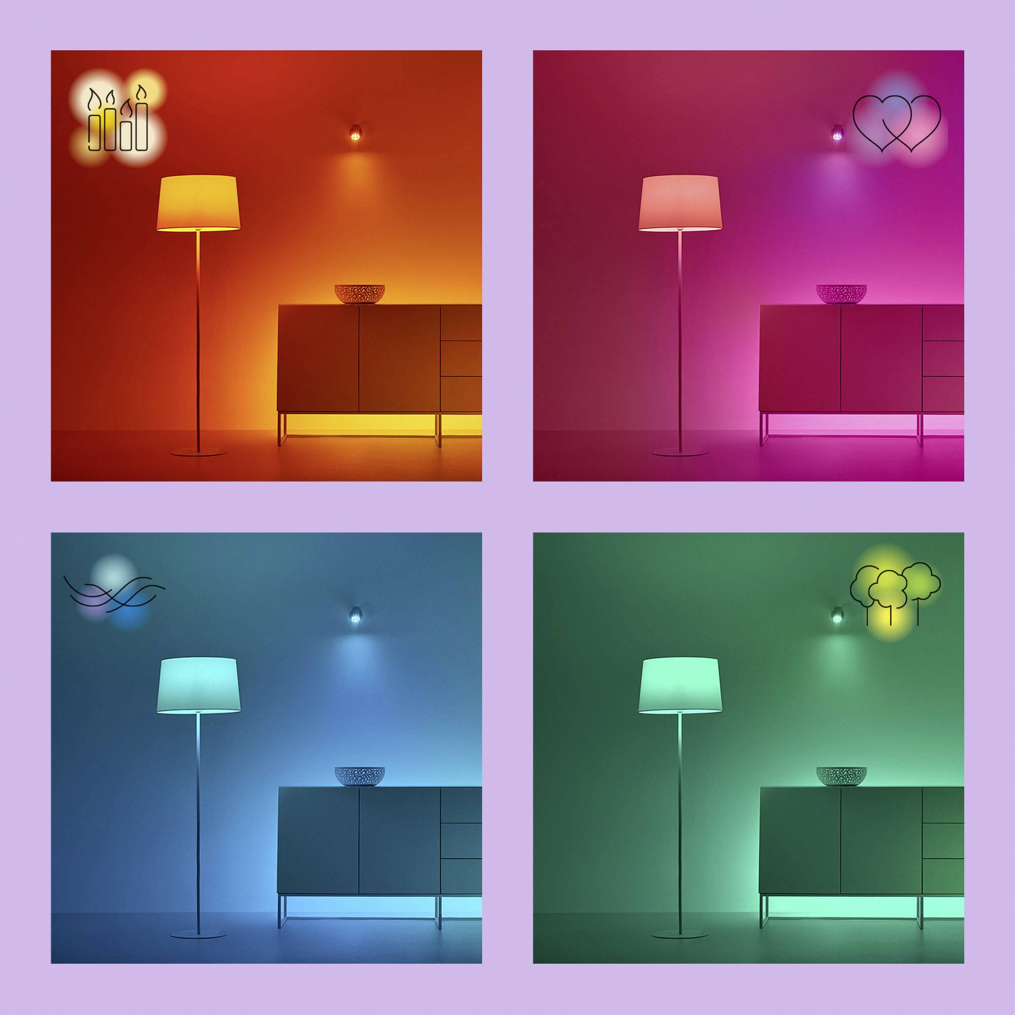 Four lamps in a room, each with a different illumination: warm red with candles, delicate pink with a heart, cool blue with waves, and soft green with clouds.