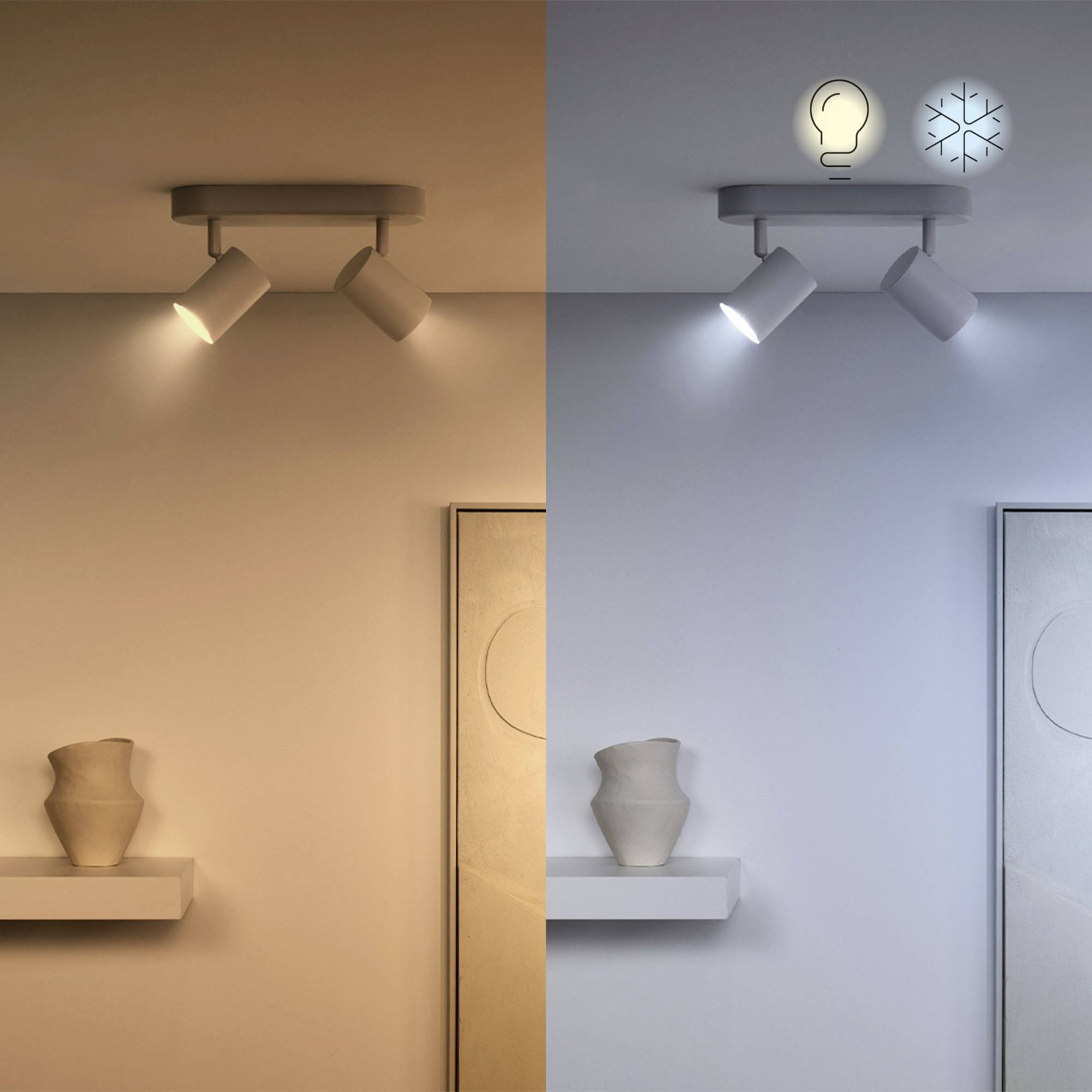 Two light sources above ceramic objects alter the light colour from warm (left) to cool (right) to create different moods.