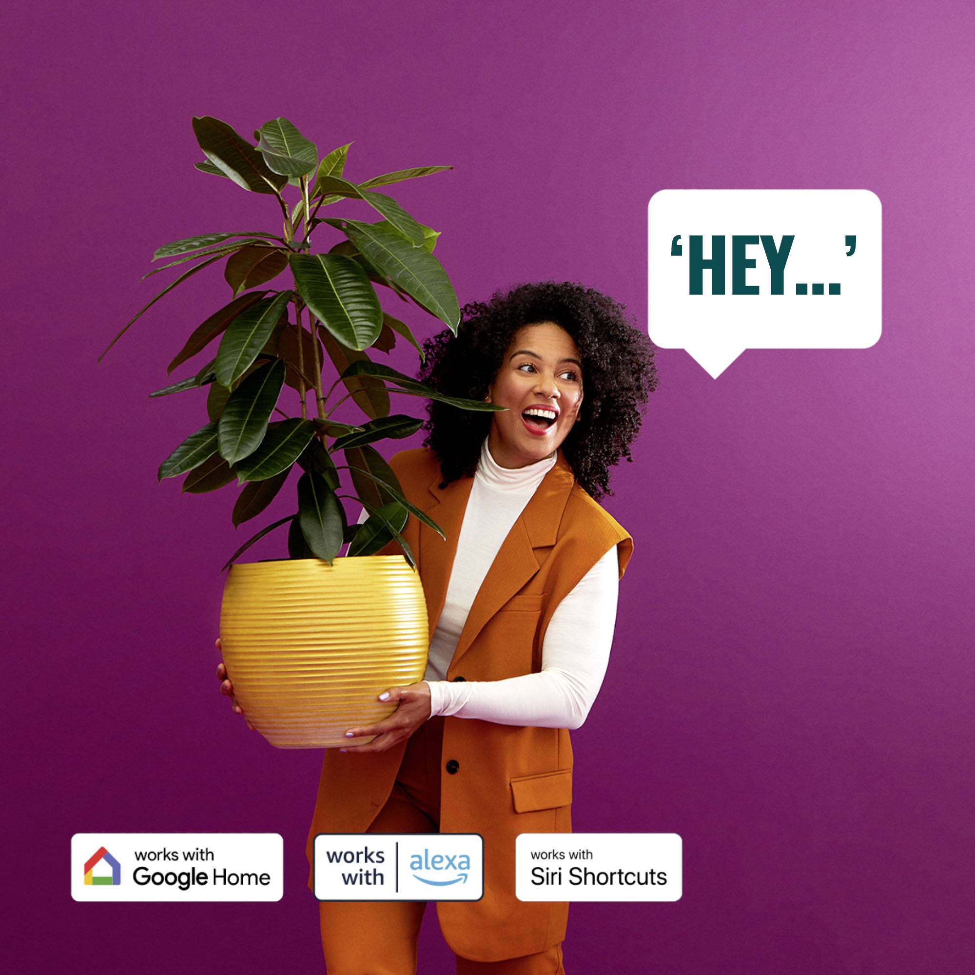 A woman with curly hair is holding a plant and saying 'Hey...'. Below symbols: Compatible with Google Home, Alexa and Siri Shortcuts.