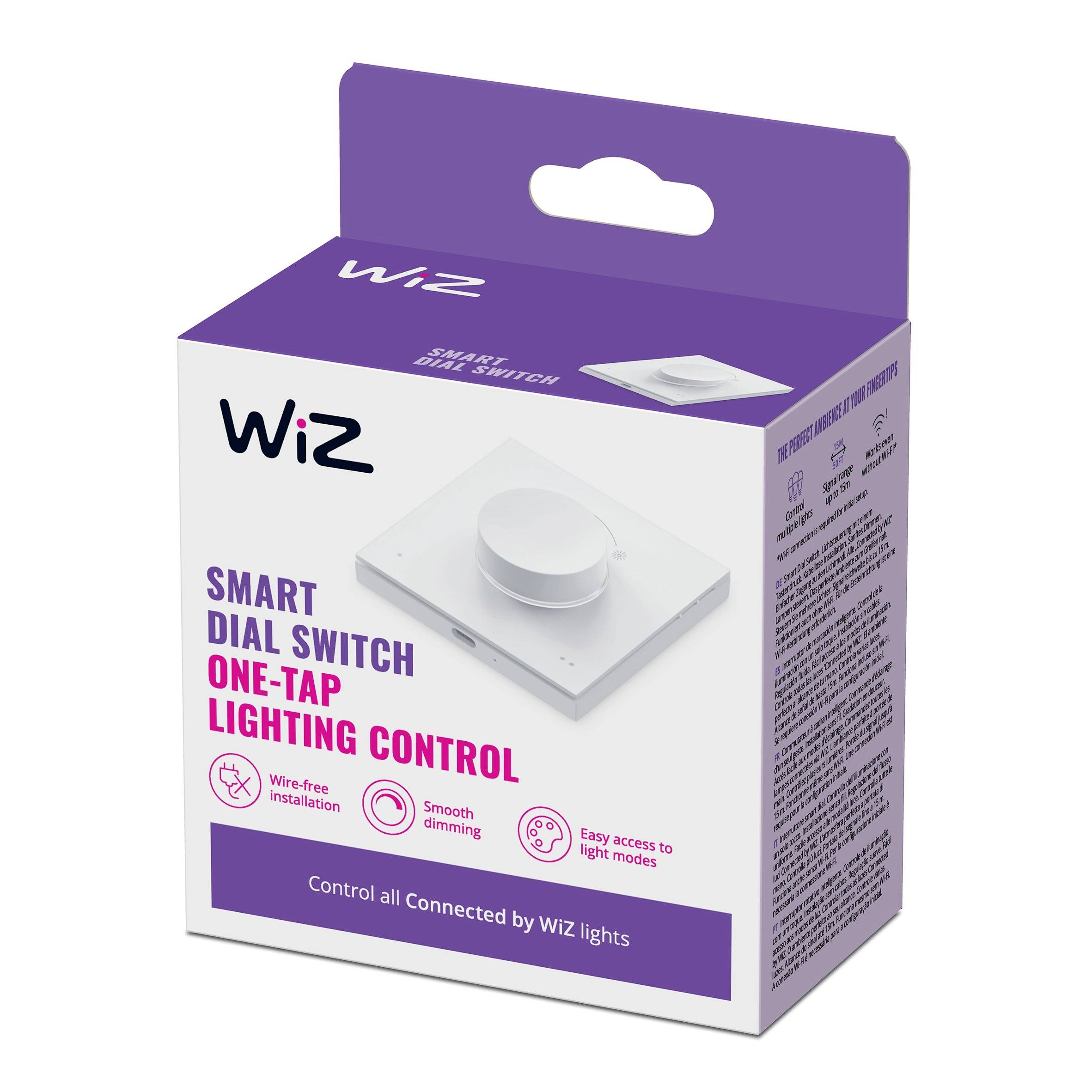 The packaging of a 'WiZ Smart Dial Switch' displays a dimmer switch with features such as wireless installation and soft dimming.