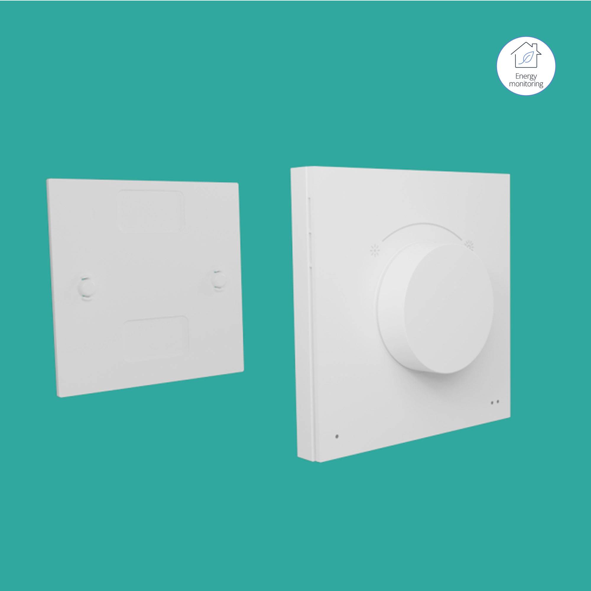 A square, white wall switch with a large round rotary knob, with the back of the switch shown beside it. Background in turquoise.