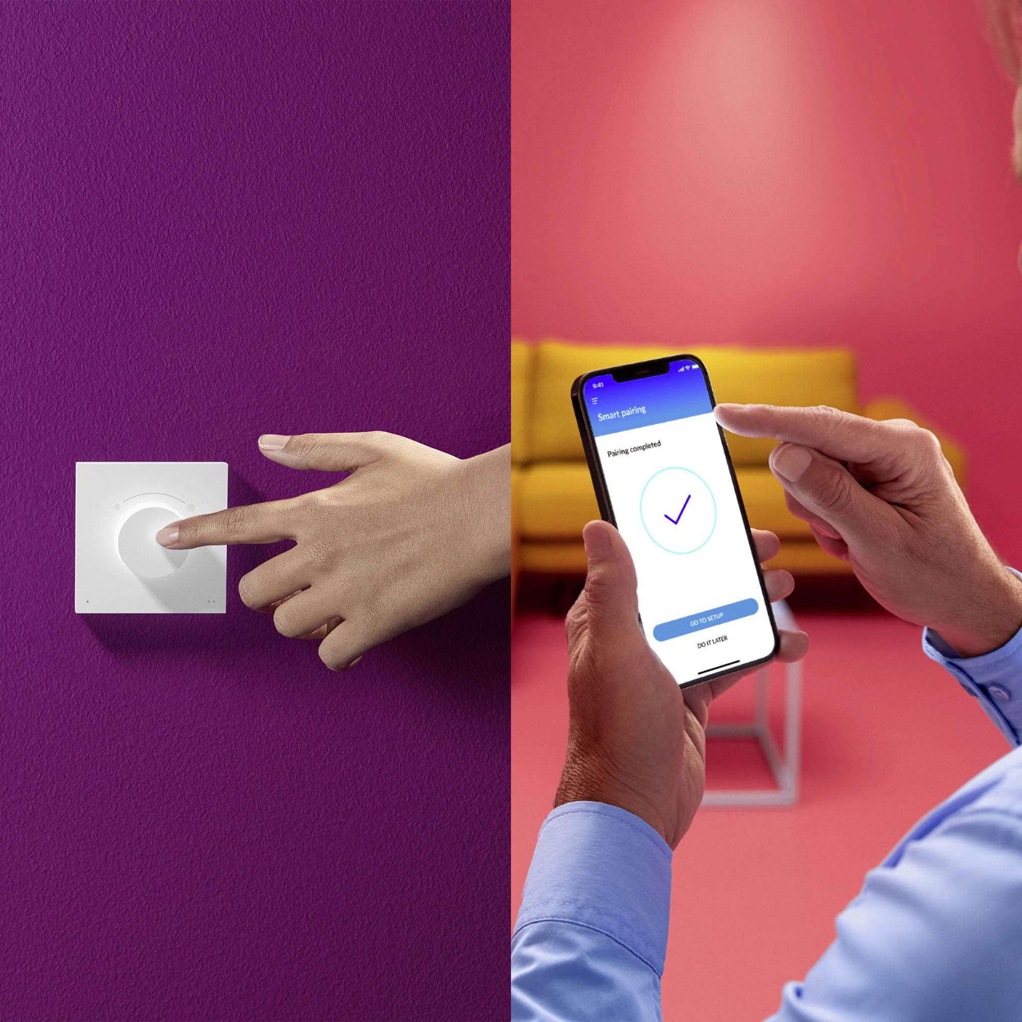 A hand operates a light switch. Another hand holds a smartphone with a lighting control app displaying 'Smart Lighting'.