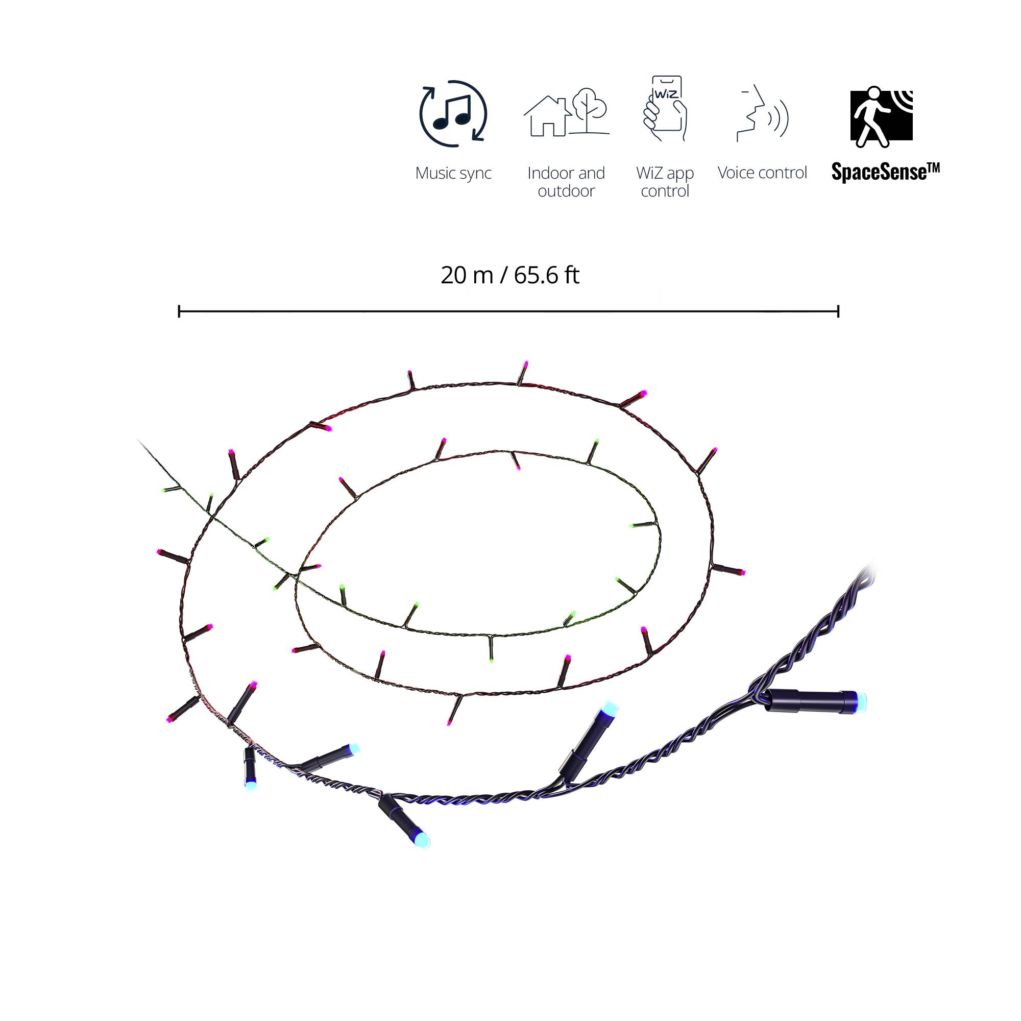 Fairy light string with colourful lights, suitable for indoor and outdoor use, with music synchronisation and app control. Length: 20 m.