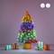 A Christmas tree with colourful lights stands in a room, surrounded by several presents in various colours.