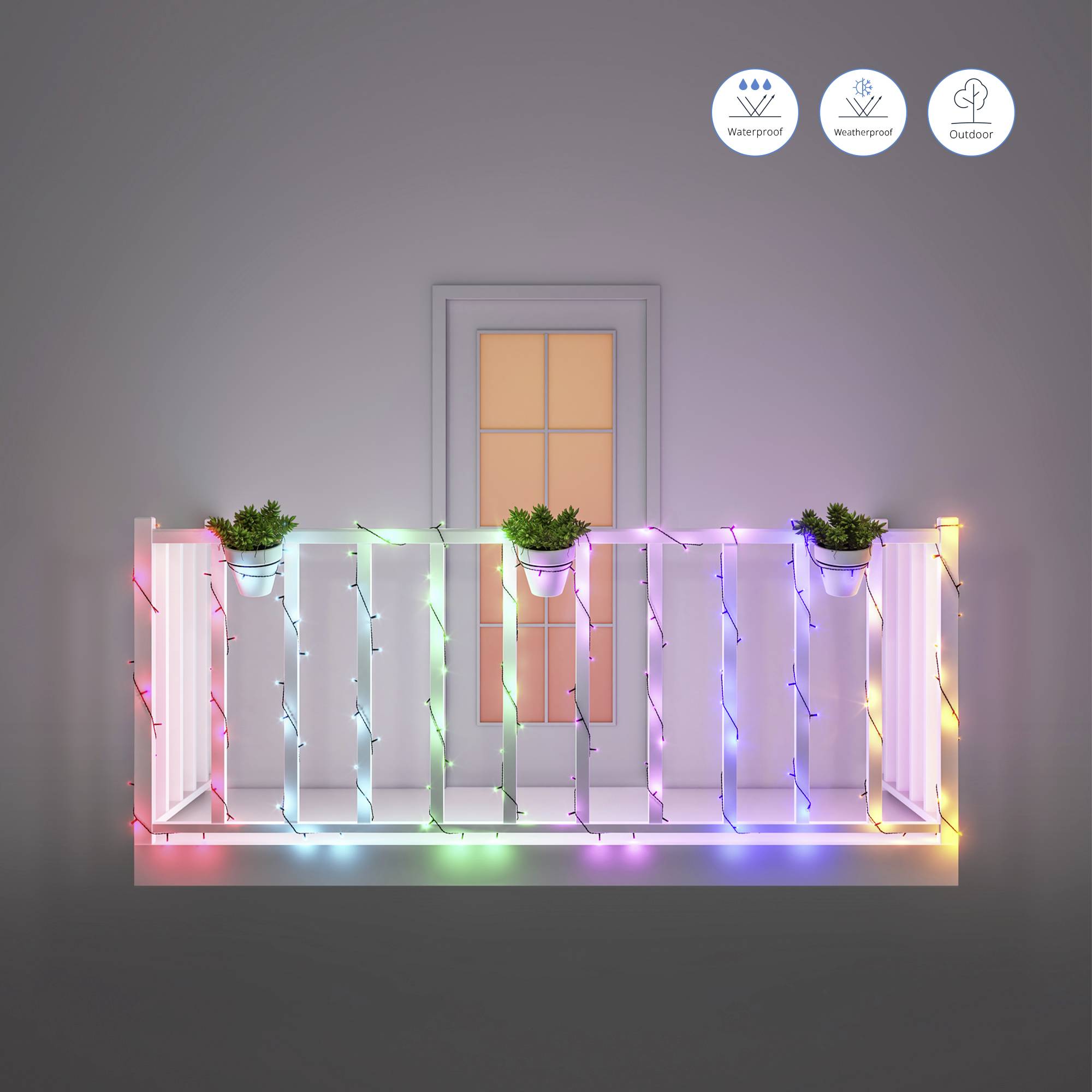 Balcony with illuminated balustrade in vibrant colours and two plants. Symbols above indicate weatherproof, waterproof, suitable for outdoor use.