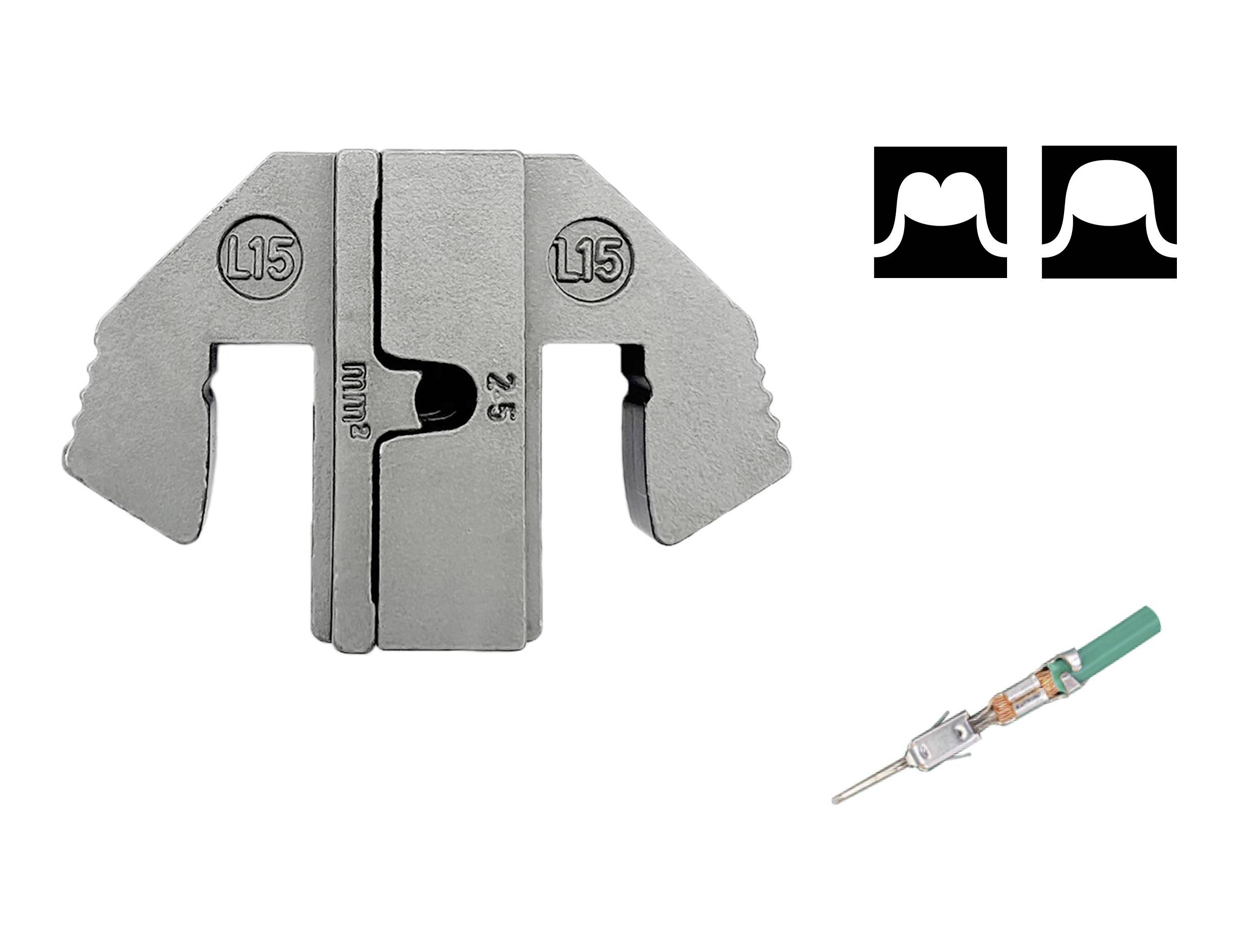 Grey metal clip marked with 'L15', graphic with two stylised heads top right, green connector underneath.